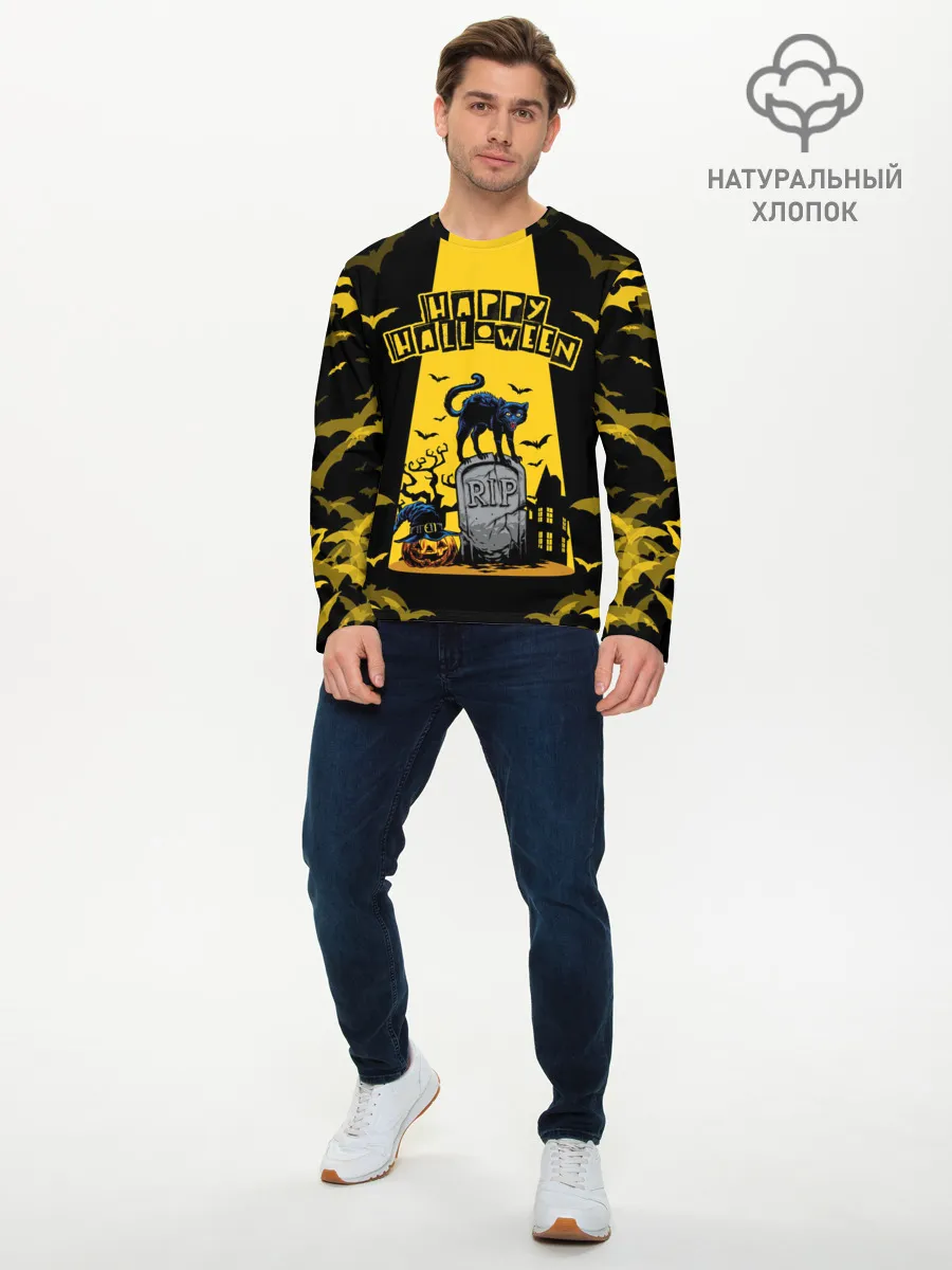Мужской лонгслив базовый / КОТ НА КЛАДБИЩЕ | ХЕЛЛОУИН