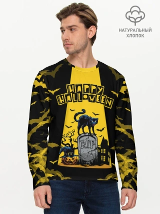Мужской лонгслив базовый / КОТ НА КЛАДБИЩЕ | ХЕЛЛОУИН