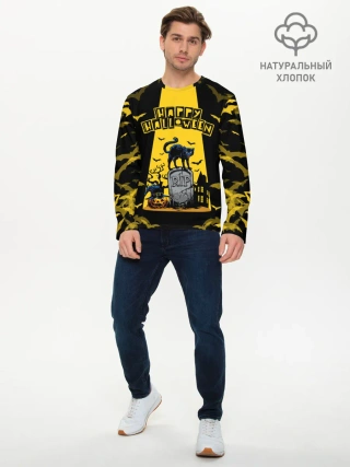 Мужской лонгслив базовый / КОТ НА КЛАДБИЩЕ | ХЕЛЛОУИН