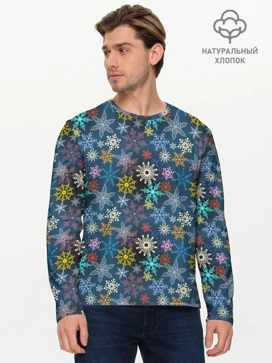 Мужской лонгслив базовый / Красочные Снежинки