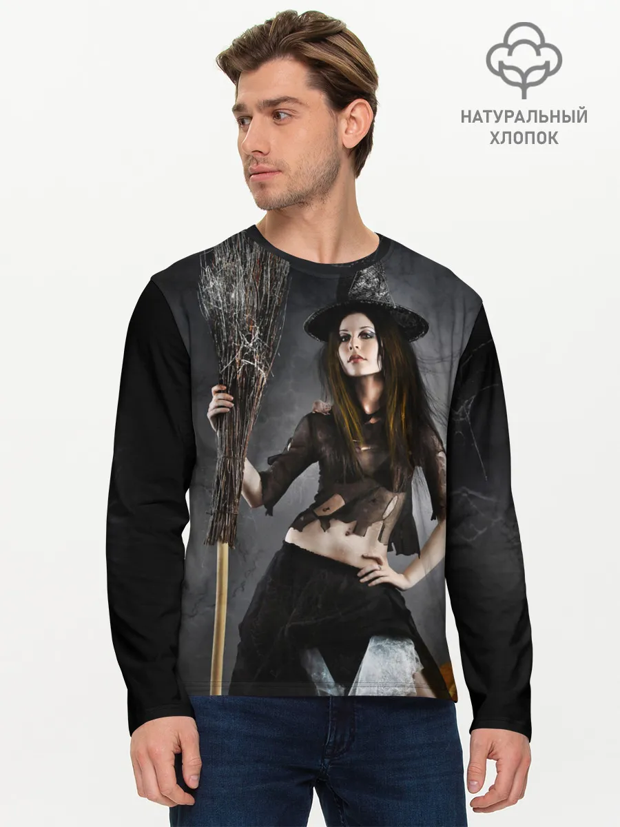 Мужской лонгслив базовый / Милая ведьма с метлой