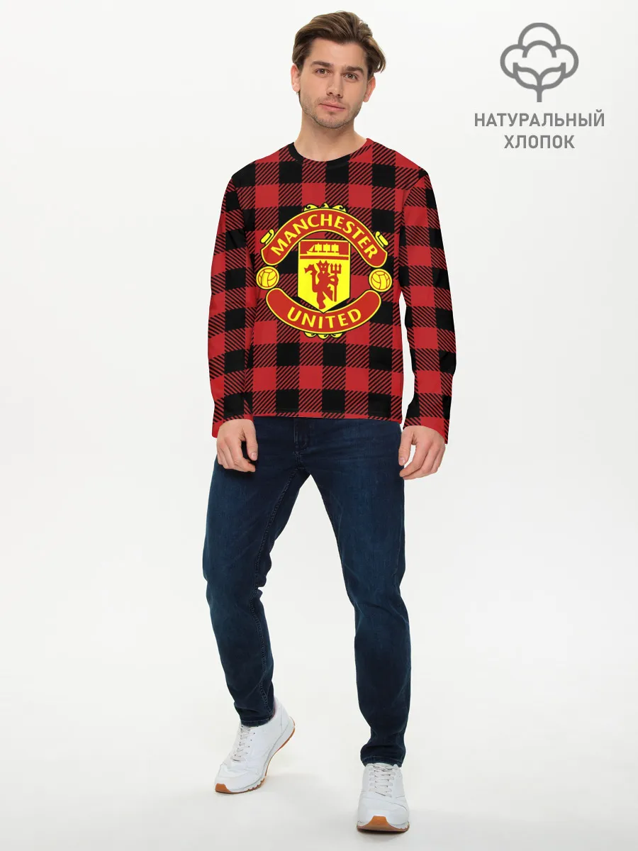 Мужской лонгслив базовый / Манчестер Юнайтед фон в клетку