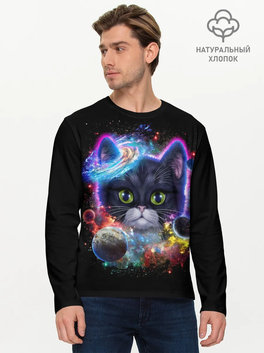 Мужской лонгслив базовый / Космический котик и планеты