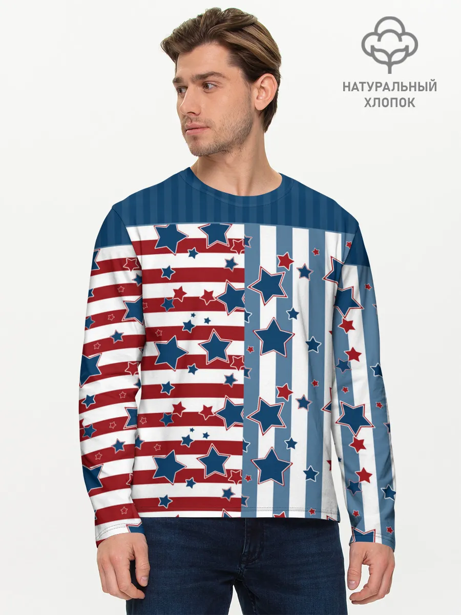 Мужской лонгслив базовый / Голубые звезды на полосатом
