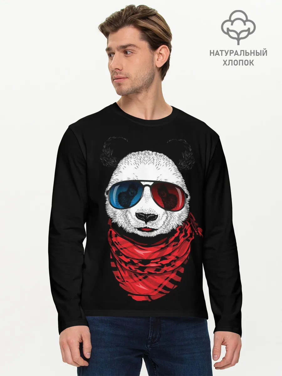 Мужской лонгслив базовый / Панда Хипстер в Очках