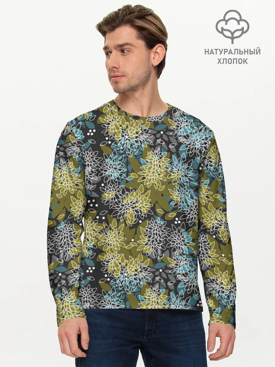 Мужской лонгслив базовый / Черно оливковый цветочный