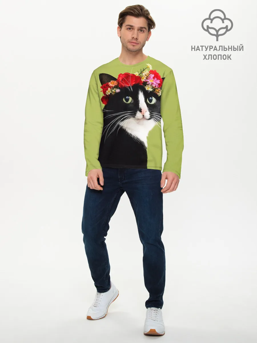 Мужской лонгслив базовый / Кот и цветы