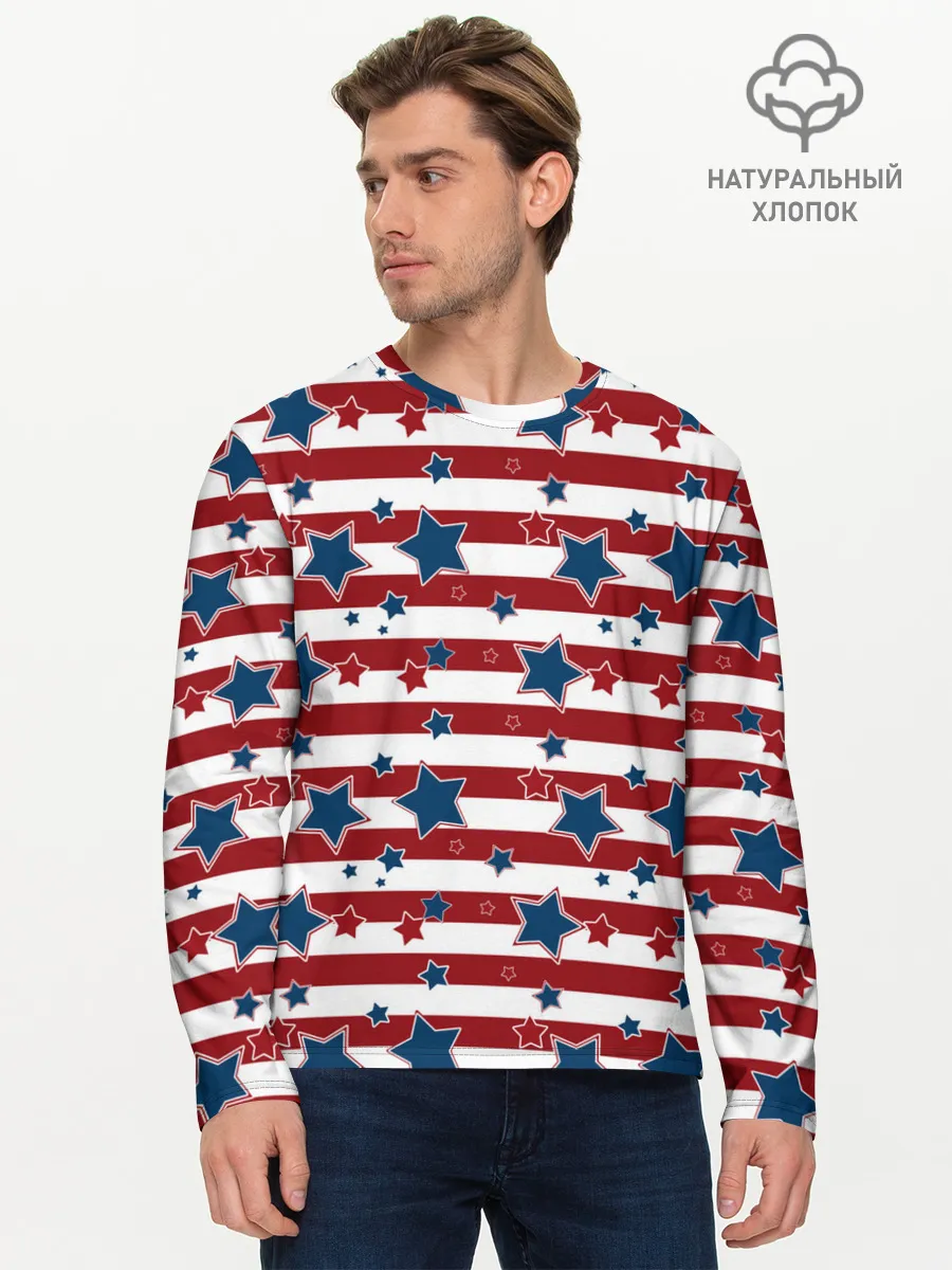 Мужской лонгслив базовый / Синие звезды на полосатом фоне