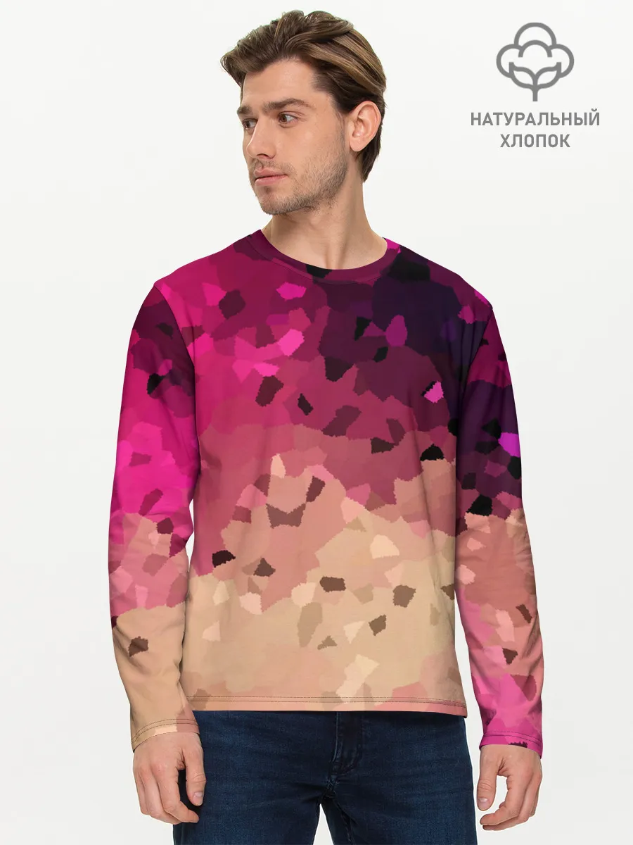 Мужской лонгслив базовый / Бежево-малиновый абстрактный