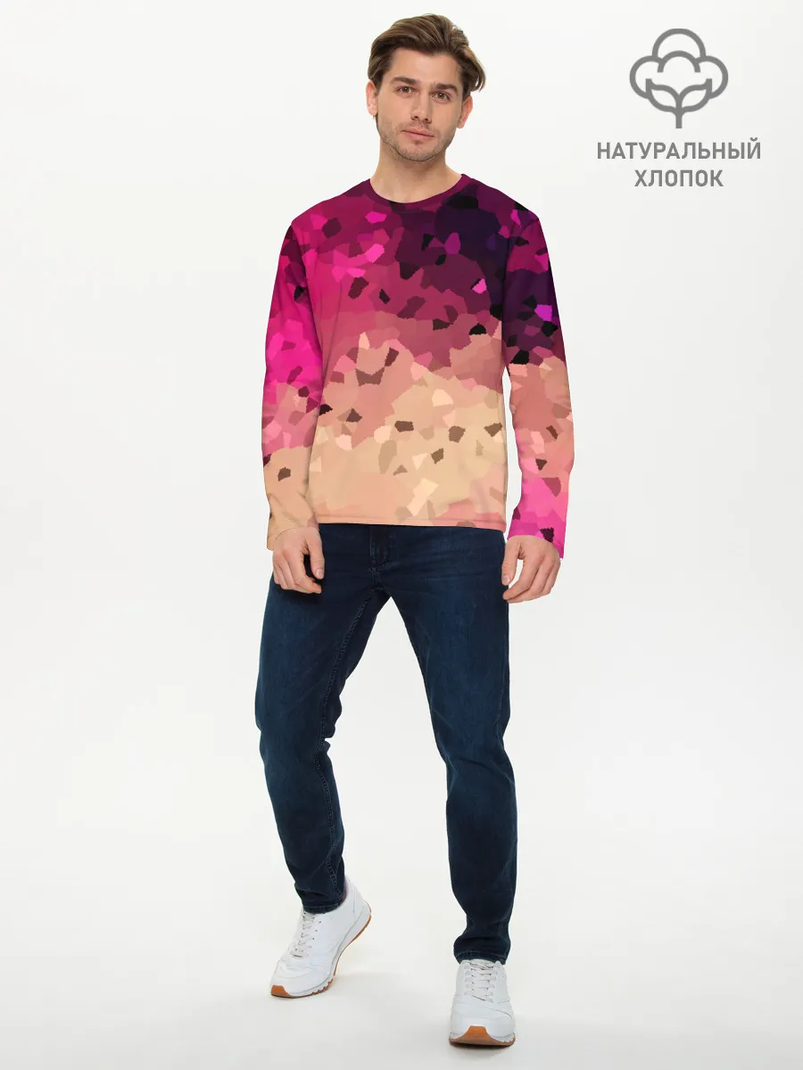 Мужской лонгслив базовый / Бежево-малиновый абстрактный