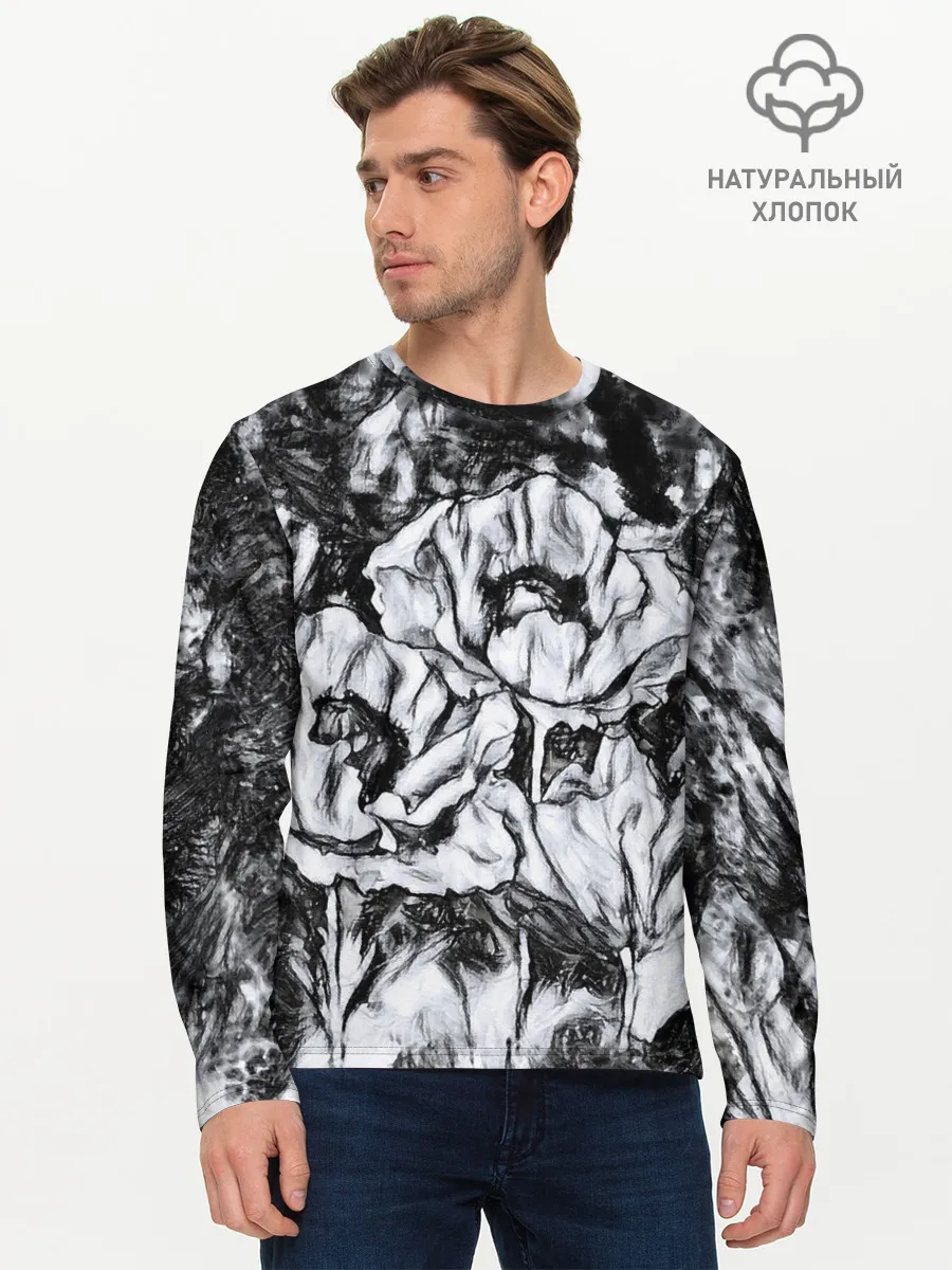 Мужской лонгслив базовый / Черно-белый узор. Маки.