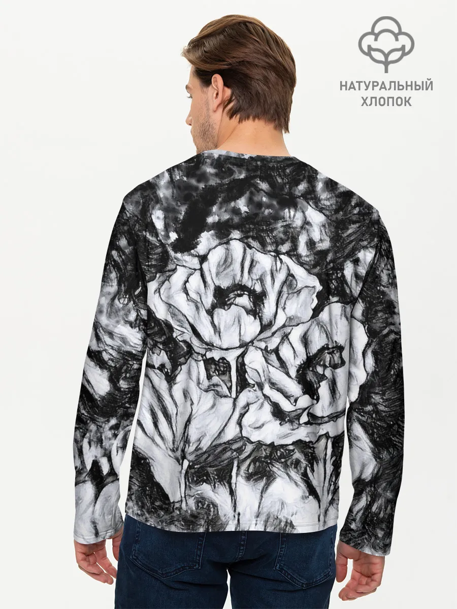 Мужской лонгслив базовый / Черно-белый узор. Маки.