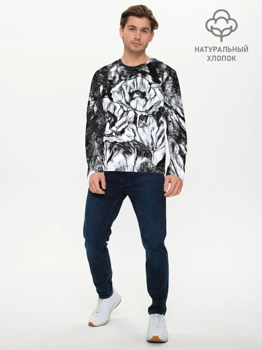 Мужской лонгслив базовый / Черно-белый узор. Маки.