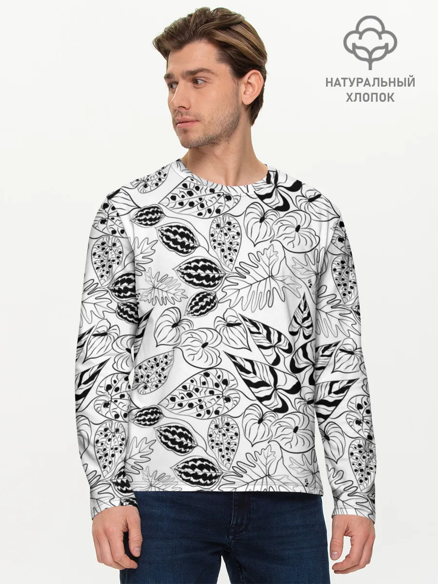 Мужской лонгслив базовый / Черно-белый узор Тропики