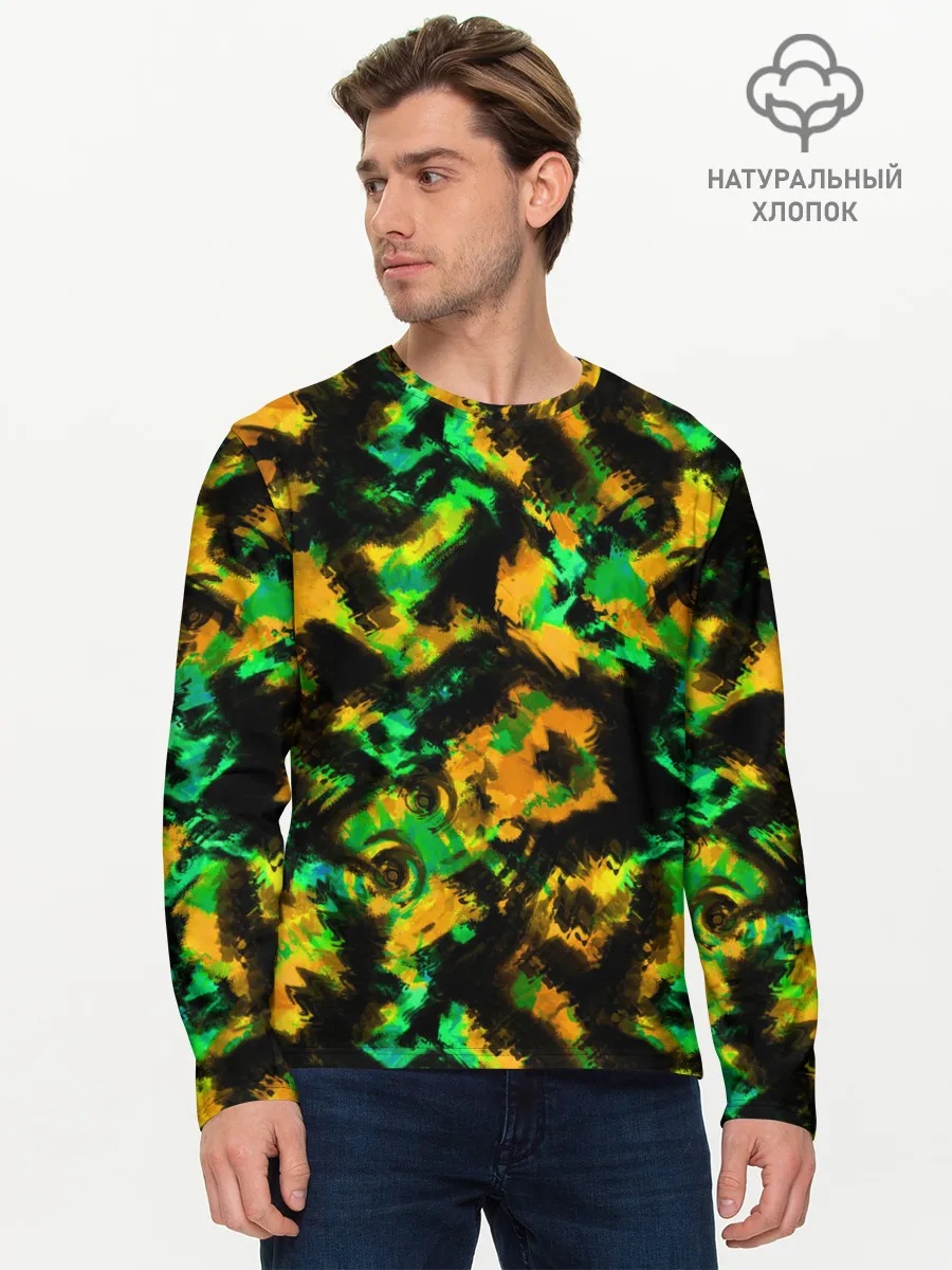 Мужской лонгслив базовый / Абстрактный желто-зеленый узор