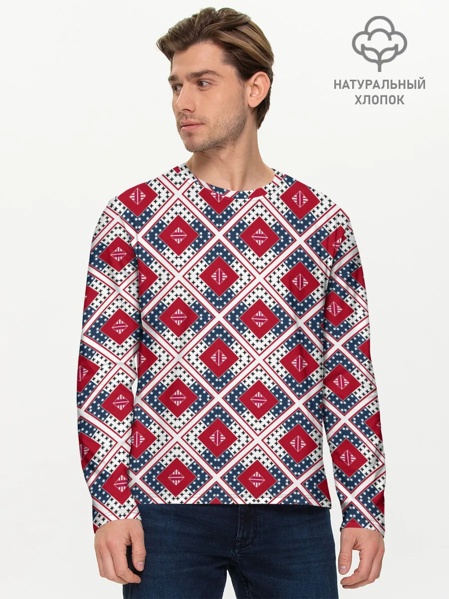 Мужской лонгслив базовый / Красно-синий плед -клетка