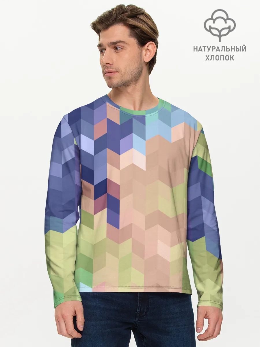 Мужской лонгслив базовый / Абстрактный бежево-синий узор