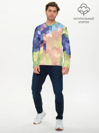 Мужской лонгслив базовый / Абстрактный бежево-синий узор