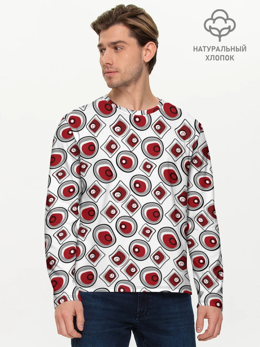 Мужской лонгслив базовый / Красно черный узор на белом