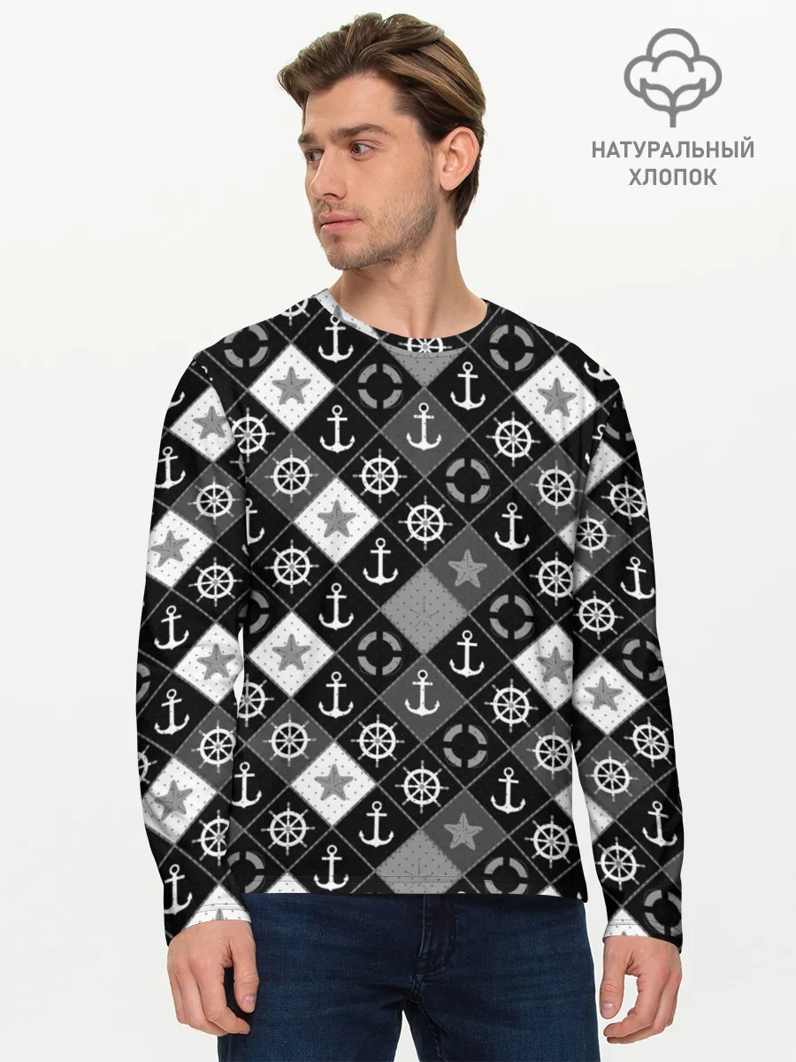 Мужской лонгслив базовый / Черно-белый морской плед