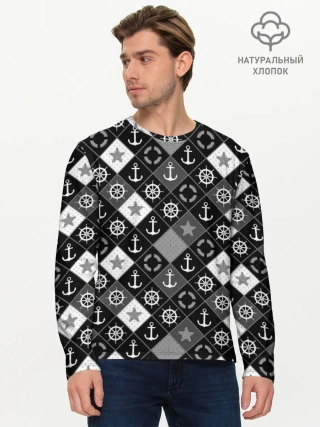 Мужской лонгслив базовый / Черно-белый морской плед