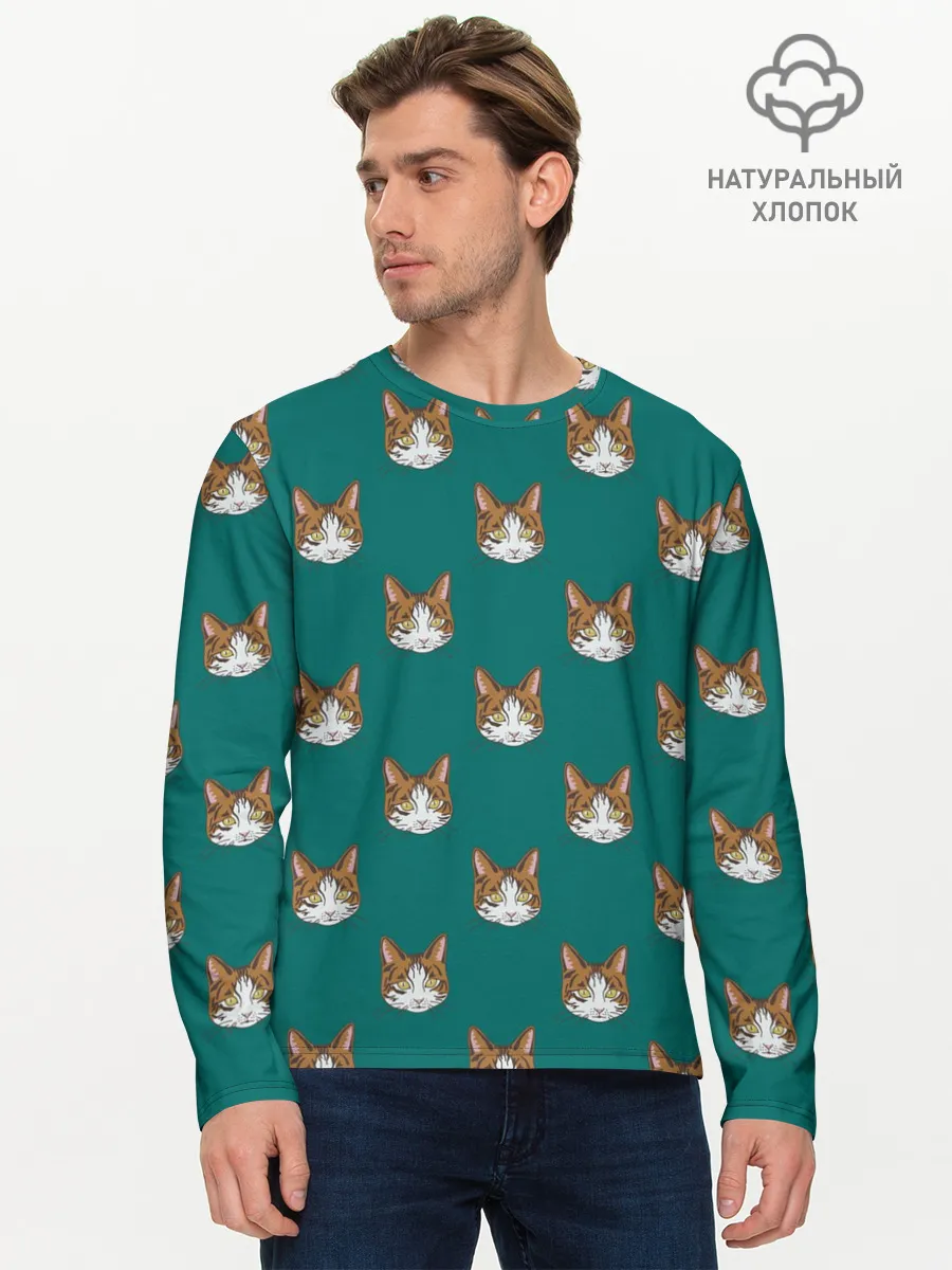 Мужской лонгслив базовый / Рыжий кот паттерн