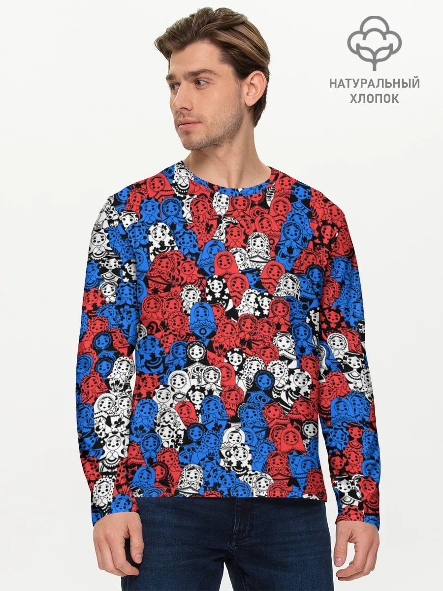 Мужской лонгслив базовый / Бело-сине-красные матрёшки