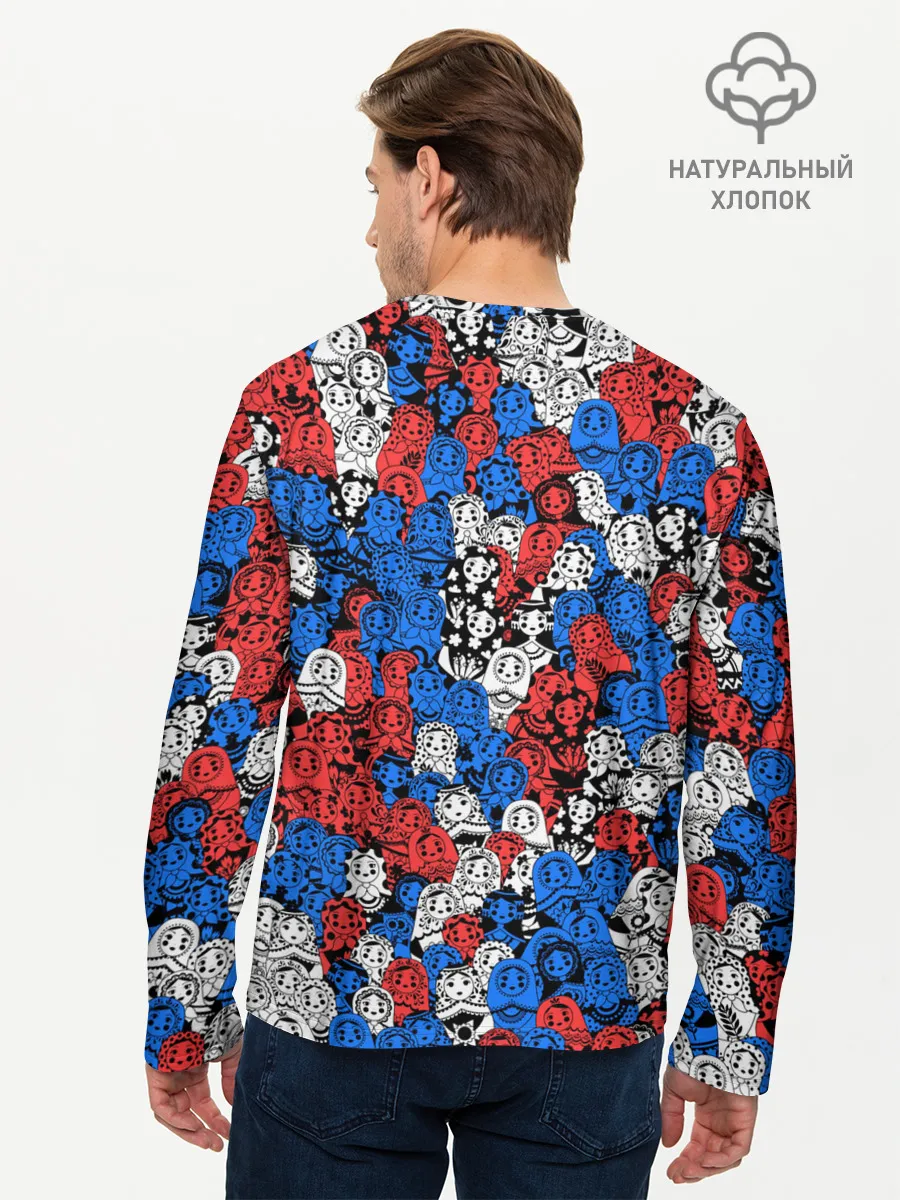 Мужской лонгслив базовый / Бело-сине-красные матрёшки