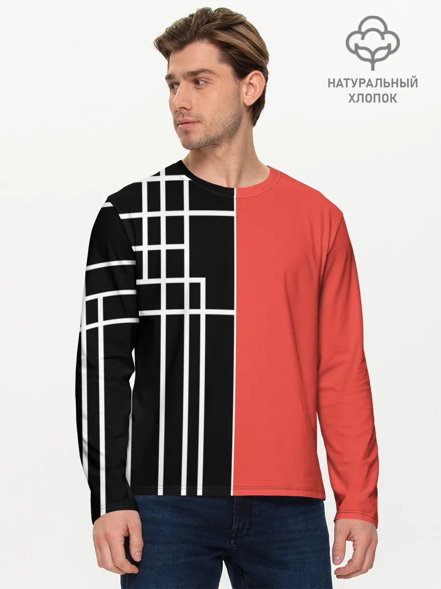 Мужской лонгслив базовый / Черный и коралловый арт деко