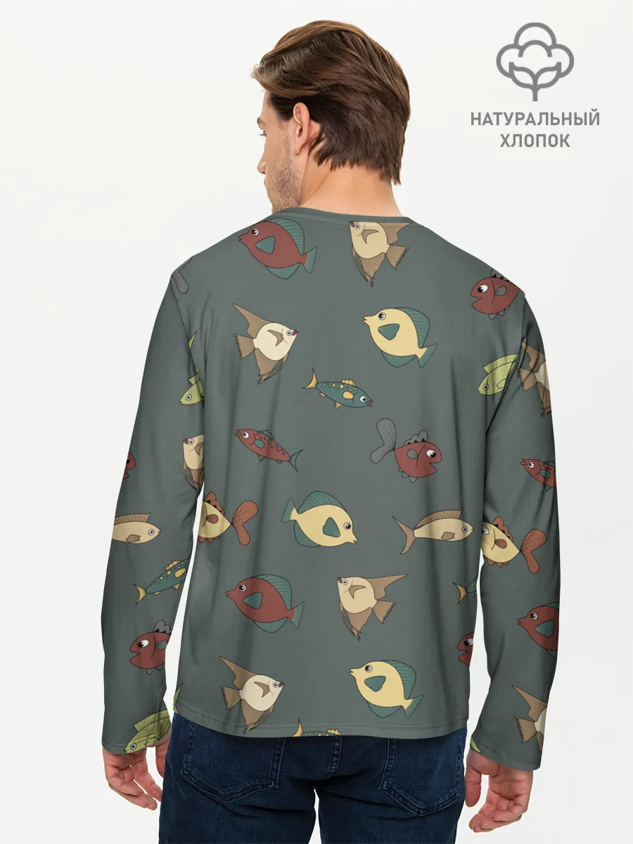 Мужской лонгслив базовый / Морские рыбки на зеленом фоне