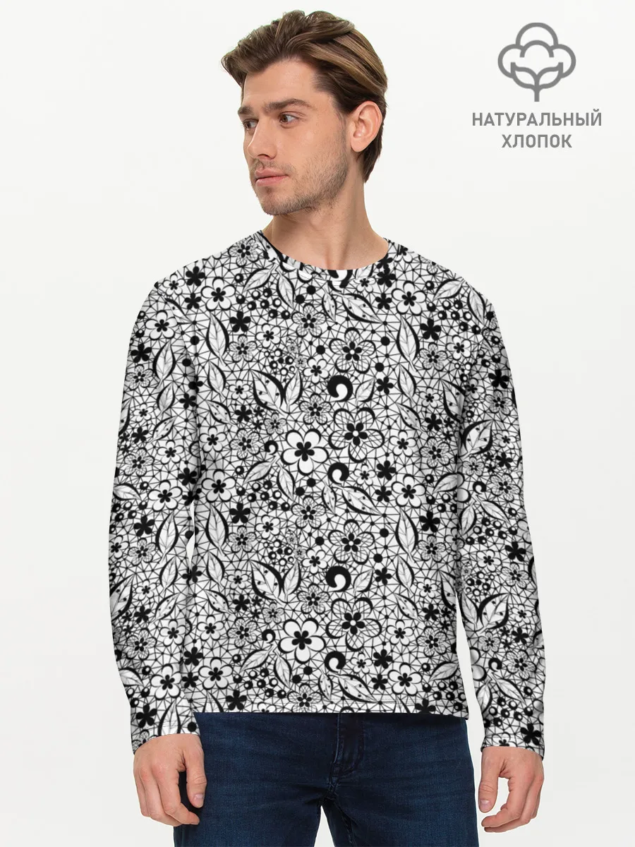 Мужской лонгслив базовый / Черное кружево цветочное