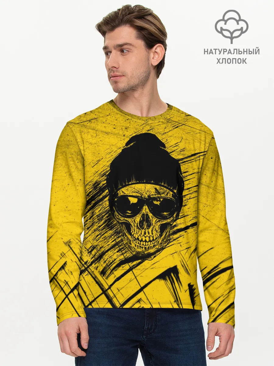 Мужской лонгслив базовый / Череп Хипстер Гранж Брызги