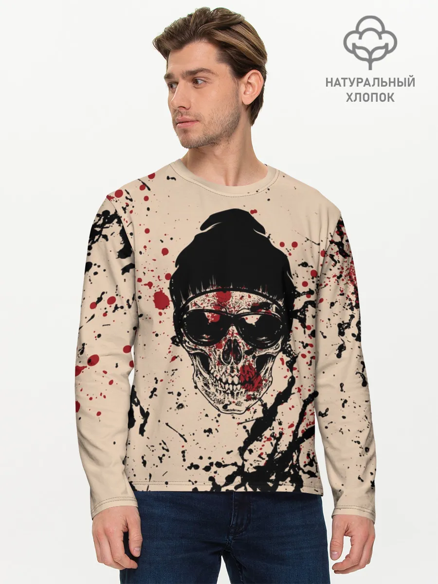 Мужской лонгслив базовый / Череп Хипстер Брызги Краски
