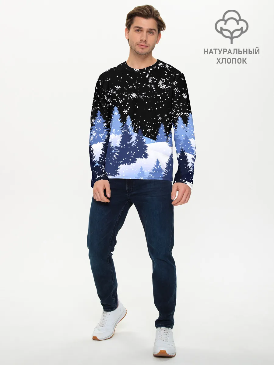 Мужской лонгслив базовый / Снежная ночь в зимнем лесу