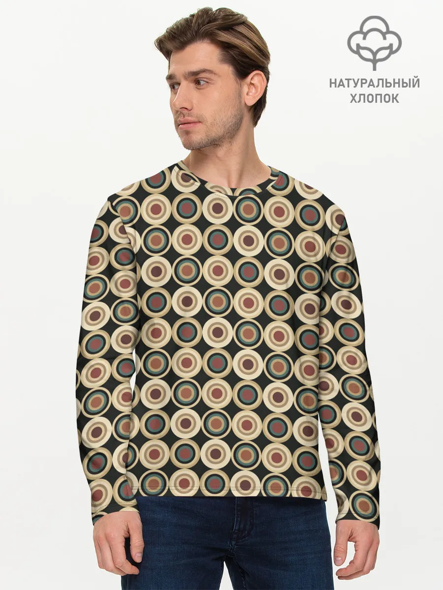 Мужской лонгслив базовый / Абстракция из бежевых и зеленых кругов