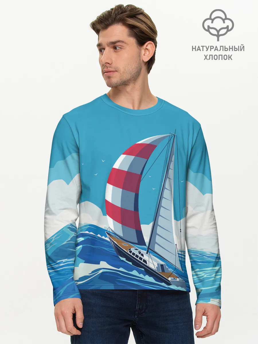 Мужской лонгслив базовый / ПАРУСНИК В МОРЕ | ЛЮБЛЮ МОРЕ