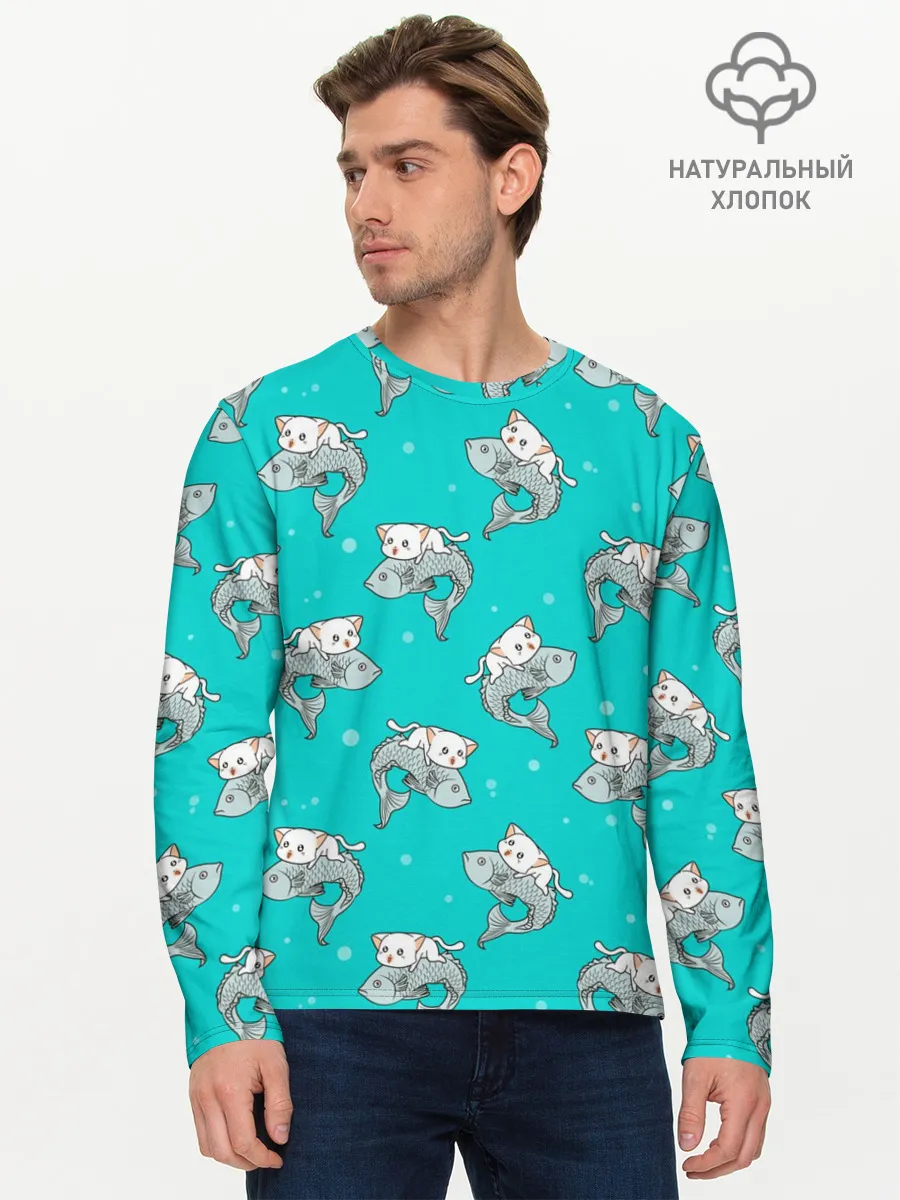Мужской лонгслив базовый / Котики и рыбки