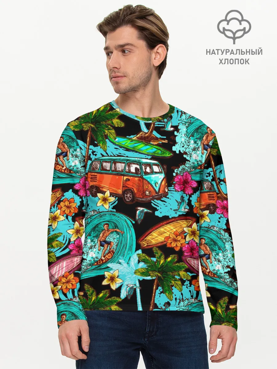 Мужской лонгслив базовый / Пальмы, волны, серфинг