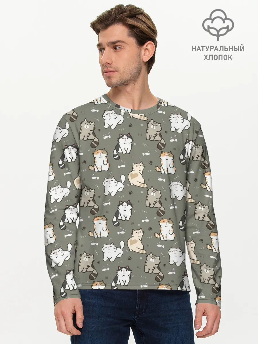 Мужской лонгслив базовый / Кошечки с рыбками