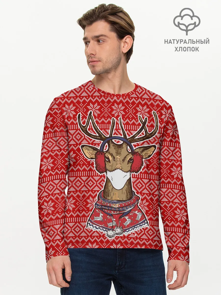 Мужской лонгслив базовый / Deer in a medical mask