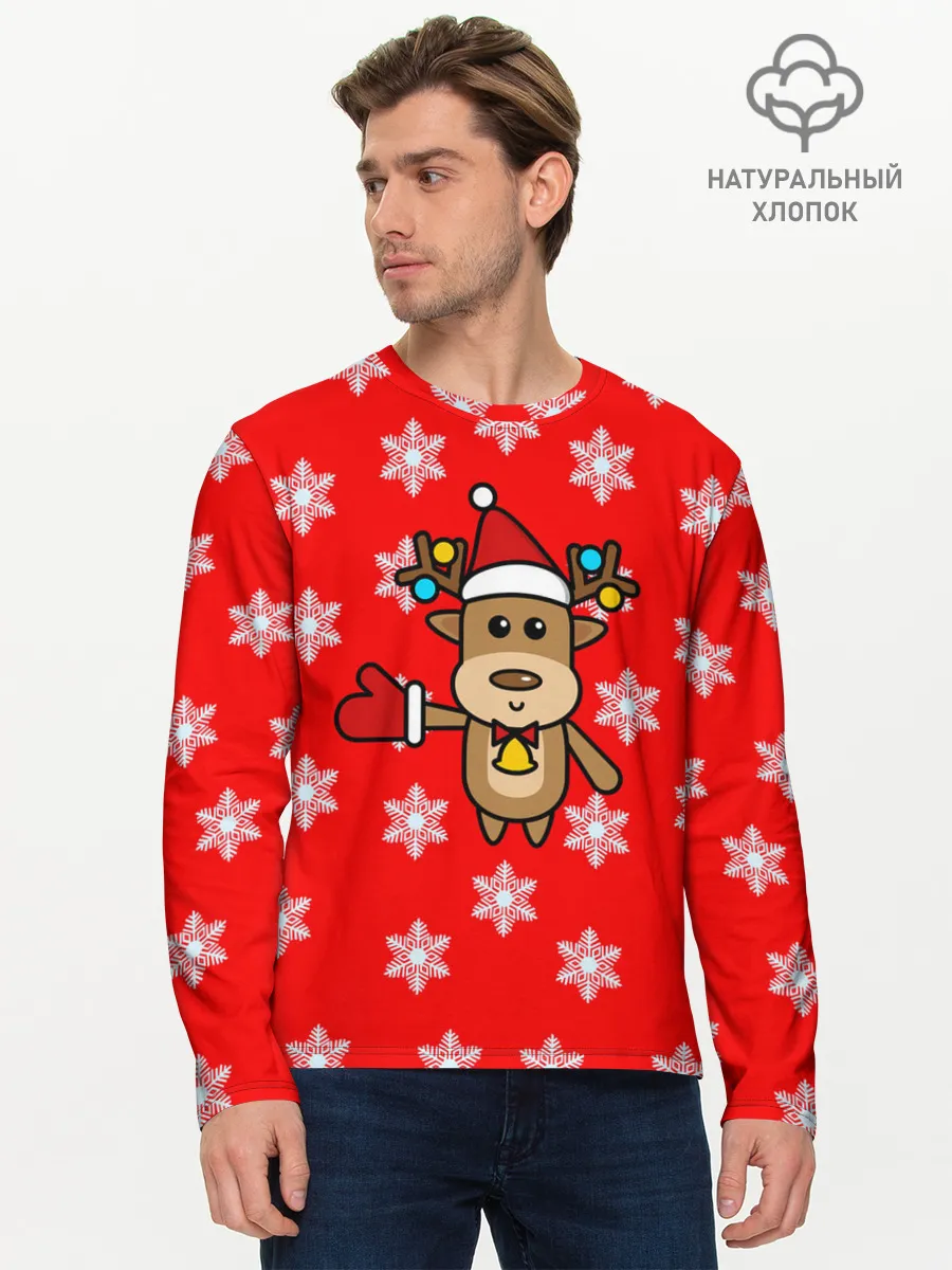 Мужской лонгслив базовый / Оленёнок в снежинках