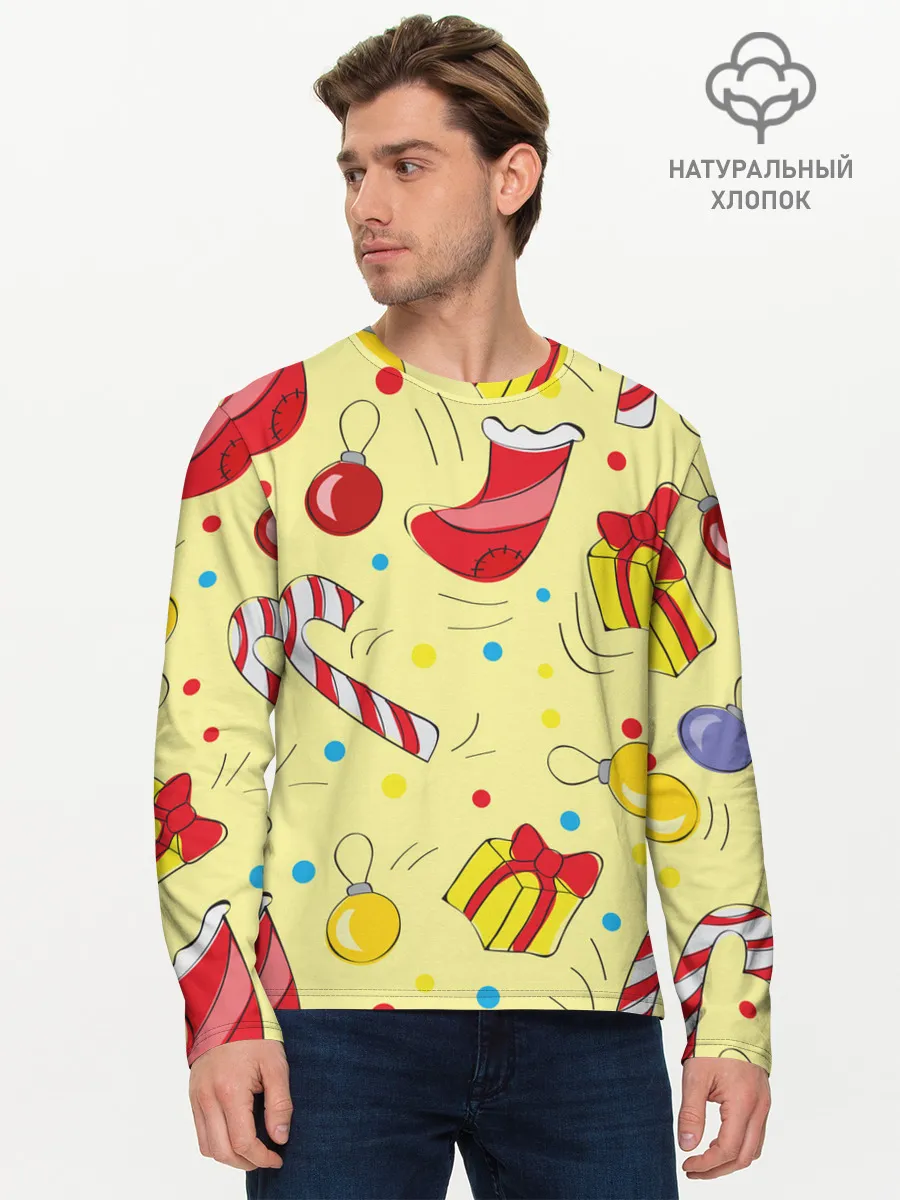 Мужской лонгслив базовый / Новогодний узор на желтом фоне