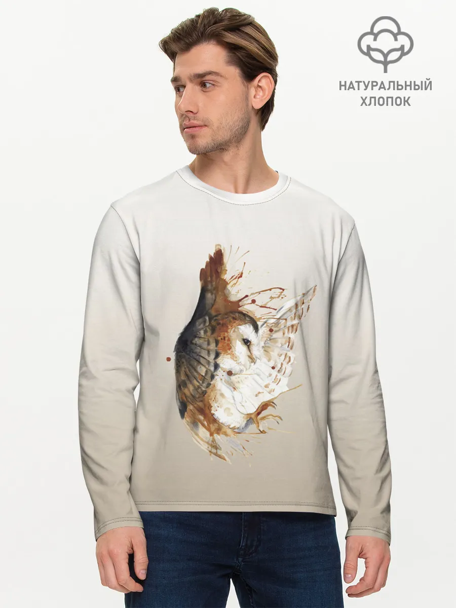 Мужской лонгслив базовый / летящая сова рисунок