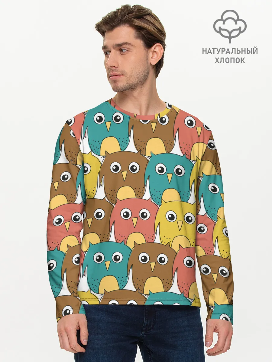 Мужской лонгслив базовый / Разноцветные совы