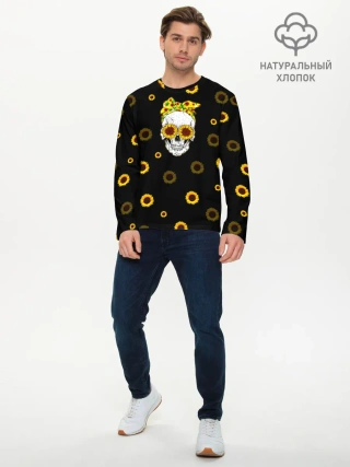 Мужской лонгслив базовый / Череп и подсолнухи