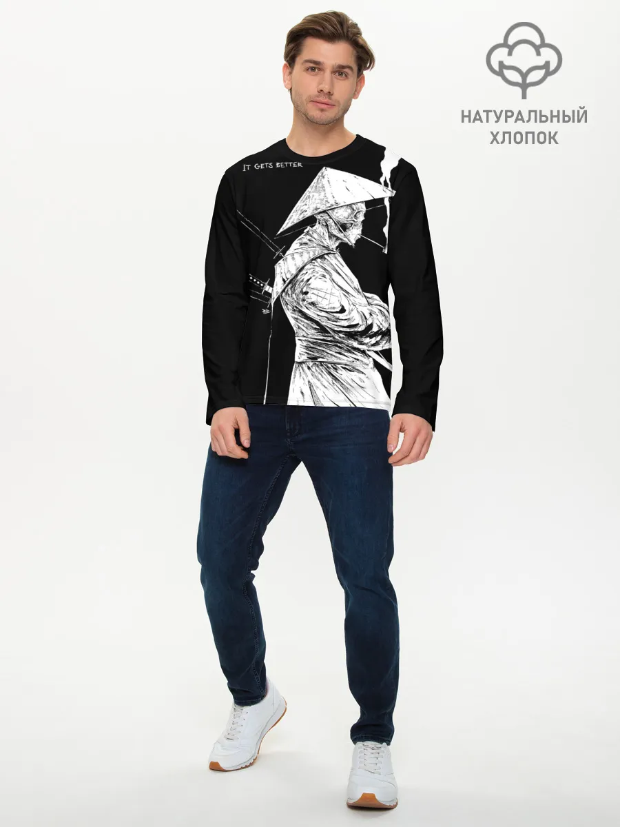 Мужской лонгслив базовый / Самурай скелет с трубкой