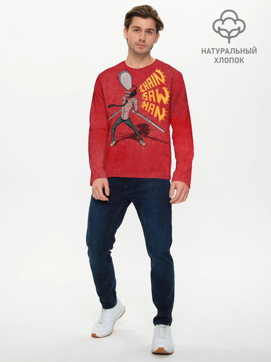 Мужской лонгслив базовый / Человек Бензопила на красном фоне