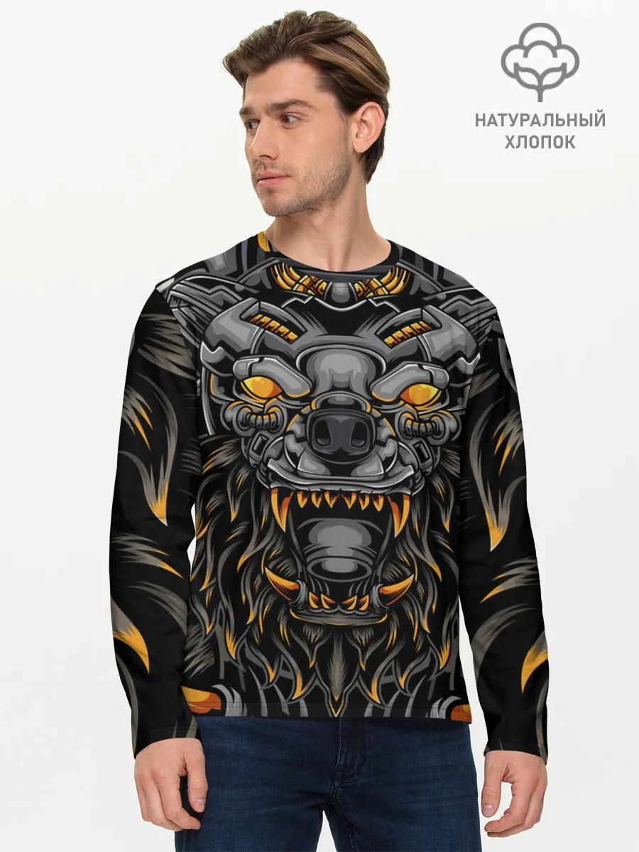 Мужской лонгслив базовый / Хищный лев киборг