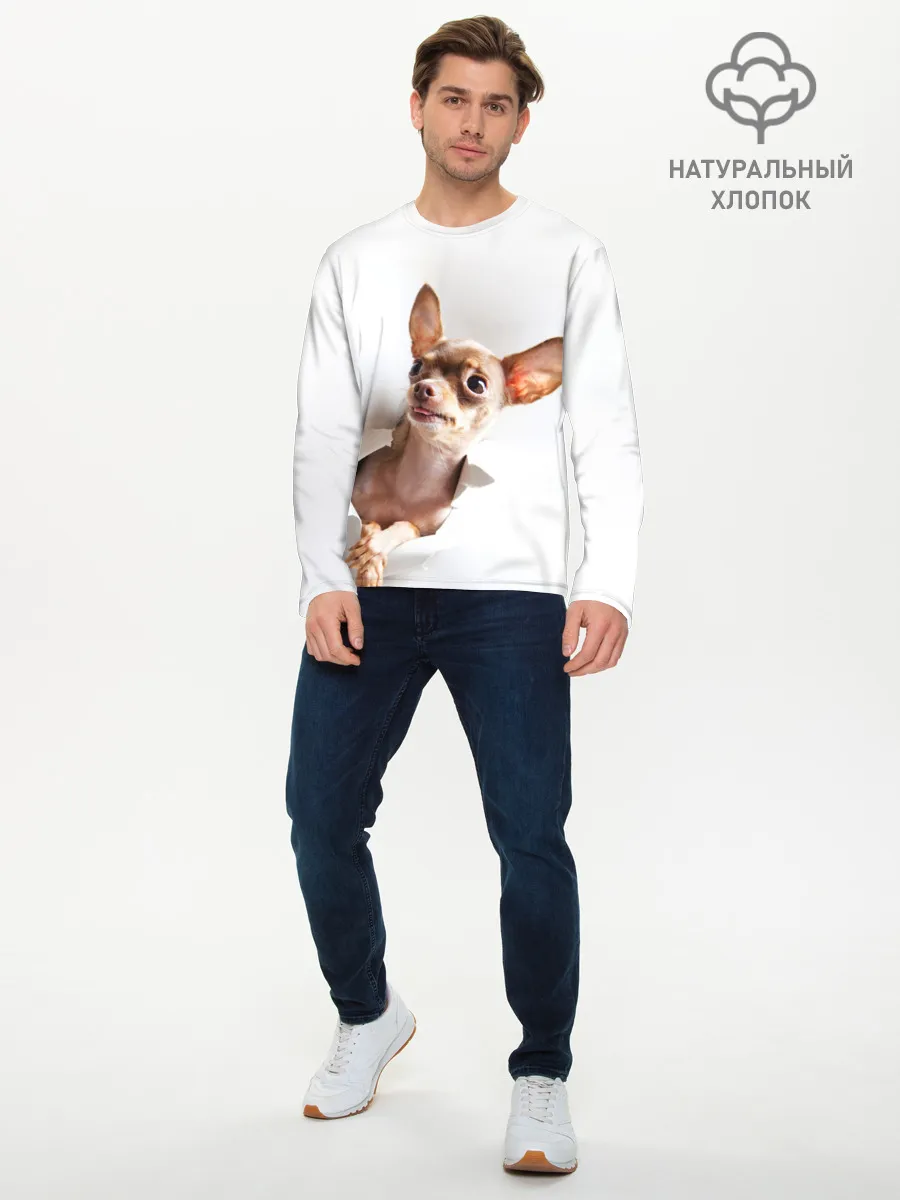 Мужской лонгслив базовый / Чихуахуа из бумаги вылазит