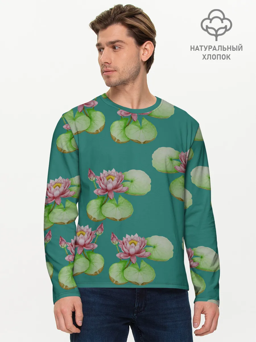 Мужской лонгслив базовый / Лотосы на темно бирюзовом фоне